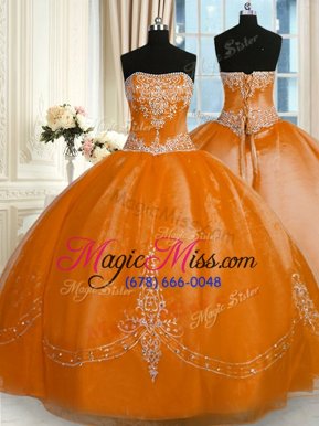 Unique Sleeveless Organza Floor Length Lace Up Vestidos de Quinceanera in Gold for with Beading and Embroidery