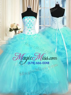 Aqua Blue Sleeveless Pick Ups and Hand Made Flower Floor Length Sweet 16 Quinceanera Dress