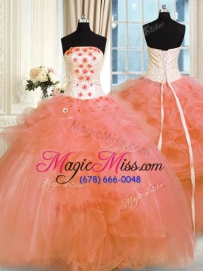 Decent Orange Ball Gowns Tulle Strapless Sleeveless Pick Ups and Hand Made Flower Floor Length Lace Up Quinceanera Dress