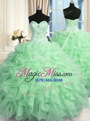 Inexpensive Sweetheart Sleeveless Quinceanera Gowns Floor Length Beading and Ruffles Apple Green Organza