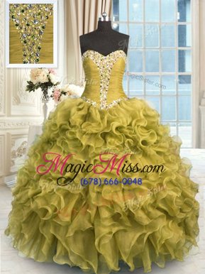 High Class Olive Green Lace Up Quinceanera Gown Beading and Ruffles Sleeveless Floor Length