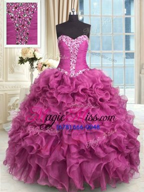 Modern Rose Pink Sleeveless Organza Lace Up Quinceanera Gowns for Military Ball and Sweet 16 and Quinceanera