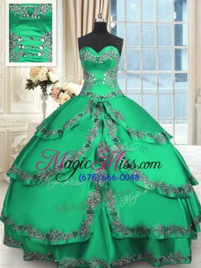 Pretty Sleeveless Taffeta Floor Length Lace Up Quinceanera Gown in Turquoise for with Beading and Embroidery and Ruffled Layers