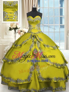 Fashionable Taffeta Sweetheart Sleeveless Lace Up Beading and Appliques and Ruffled Layers Quinceanera Gown in Yellow Green