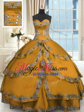 High End Ruffled Gold Sleeveless Taffeta Lace Up Quince Ball Gowns for Military Ball and Sweet 16 and Quinceanera