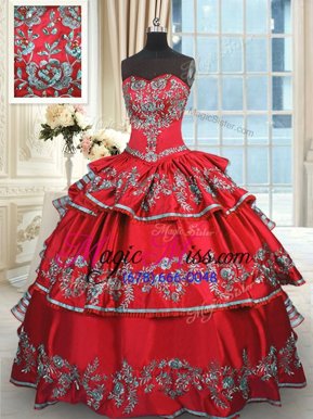 Amazing Floor Length Red Quinceanera Gowns Taffeta Sleeveless Embroidery and Ruffled Layers