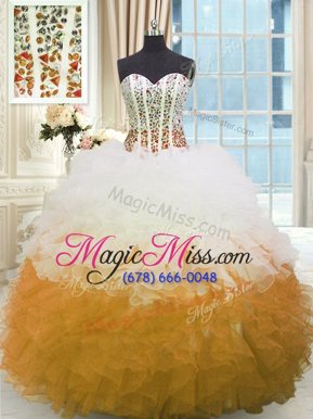 Pretty Beading and Ruffles Vestidos de Quinceanera Yellow And White Lace Up Sleeveless Floor Length