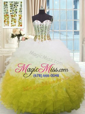 Low Price Organza Sweetheart Sleeveless Lace Up Beading and Ruffles 15th Birthday Dress in Yellow And White