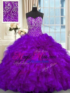 Low Price Sweetheart Sleeveless Ball Gown Prom Dress Brush Train Beading and Ruffles Purple Organza