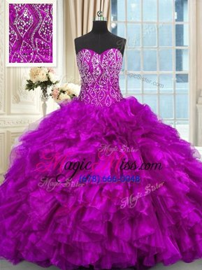 Flirting Purple Ball Gowns Beading and Ruffles 15 Quinceanera Dress Lace Up Organza Sleeveless