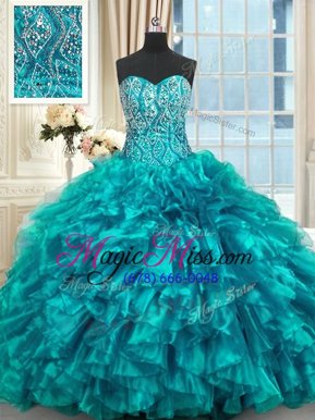 Best Selling Teal Sweetheart Lace Up Beading and Ruffles Quince Ball Gowns Brush Train Sleeveless