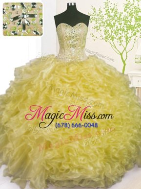 On Sale Light Yellow Ball Gowns Beading and Ruffles and Pick Ups Quinceanera Dress Lace Up Organza Sleeveless Floor Length