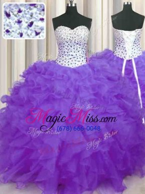 Modest Sweetheart Sleeveless Sweet 16 Dresses Floor Length Beading and Ruffles Lavender Organza