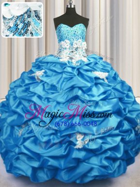 Glittering Sequins Pick Ups With Train Ball Gowns Sleeveless Aqua Blue Sweet 16 Quinceanera Dress Brush Train Lace Up