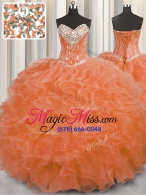 High End Orange Ball Gowns Sweetheart Sleeveless Organza Floor Length Lace Up Beading and Ruffles 15 Quinceanera Dress