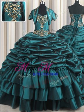 Custom Fit Sweetheart Sleeveless Taffeta 15th Birthday Dress Beading and Appliques and Pick Ups Brush Train Lace Up