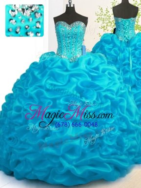 Noble Beading and Ruffles Sweet 16 Dress Aqua Blue Lace Up Sleeveless With Brush Train