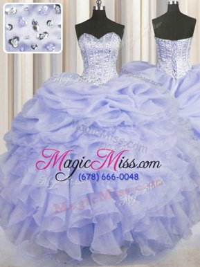 Ideal Lavender Ball Gowns Sweetheart Sleeveless Organza Floor Length Lace Up Beading and Ruffles Sweet 16 Quinceanera Dress