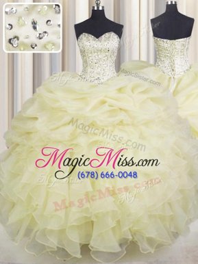 Best Selling Light Yellow Lace Up Sweetheart Beading and Ruffles Quinceanera Dress Organza Sleeveless