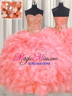 Free and Easy Halter Top Watermelon Red Ball Gowns Beading and Ruffles Quinceanera Gown Lace Up Organza Sleeveless Floor Length