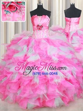 New Style Multi-color Ball Gowns Strapless Sleeveless Organza Floor Length Lace Up Beading and Ruffles and Hand Made Flower Sweet 16 Dress