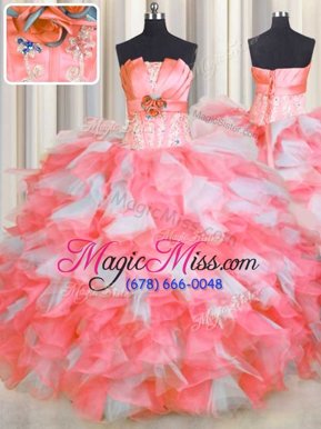 On Sale Pink And White Lace Up Quinceanera Dresses Beading and Ruffles and Hand Made Flower Sleeveless Floor Length