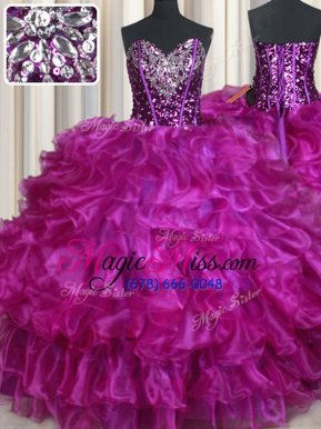 High Quality Fuchsia Sleeveless Floor Length Beading and Ruffles Lace Up Sweet 16 Dresses