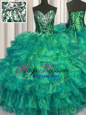 Affordable Turquoise Sweetheart Lace Up Beading and Ruffles Sweet 16 Quinceanera Dress Sleeveless