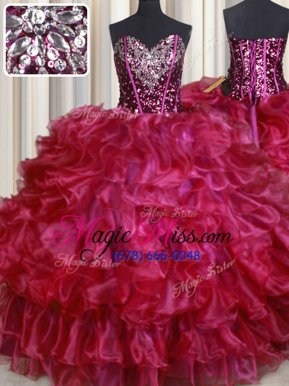 Best Sweetheart Sleeveless Quinceanera Dresses Floor Length Beading and Ruffles Hot Pink Organza