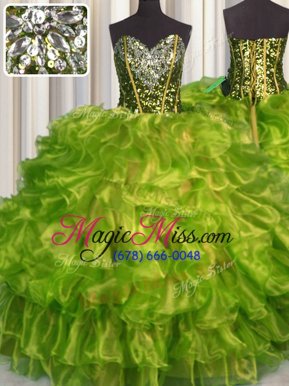 New Arrival Olive Green Sleeveless Organza Lace Up Quinceanera Gown for Military Ball and Sweet 16 and Quinceanera