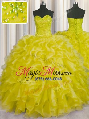 Delicate Yellow Green Ball Gowns Beading and Ruffles Sweet 16 Dresses Lace Up Organza Sleeveless Floor Length