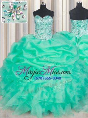 Spectacular Floor Length Aqua Blue Quinceanera Dress Organza Sleeveless Beading and Ruffles and Pick Ups