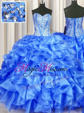 Top Selling Blue Organza Lace Up Sweetheart Sleeveless Floor Length Quinceanera Dresses Beading and Ruffles