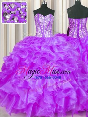 Glorious Sleeveless Floor Length Beading and Ruffles Lace Up Sweet 16 Dress with Eggplant Purple