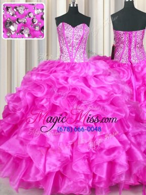 Latest Sweetheart Sleeveless Lace Up Vestidos de Quinceanera Fuchsia Organza