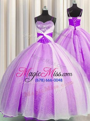 Glorious Lilac Quince Ball Gowns Military Ball and Sweet 16 and Quinceanera and For with Beading and Sequins and Ruching Spaghetti Straps Sleeveless Lace Up