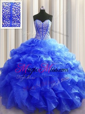 Traditional Visible Boning Royal Blue Organza Lace Up Sweetheart Sleeveless Floor Length Quinceanera Dress Beading and Ruffles