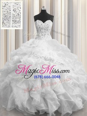 Fantastic Visible Boning Floor Length Lace Up Ball Gown Prom Dress White and In for Military Ball and Sweet 16 and Quinceanera with Beading and Ruffles