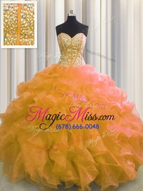 Designer Visible Boning Orange Organza Lace Up Sweetheart Sleeveless Floor Length Ball Gown Prom Dress Beading and Ruffles