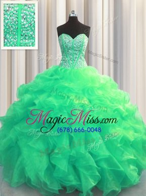 Best Selling Visible Boning Turquoise Organza Lace Up Sweetheart Sleeveless Floor Length Ball Gown Prom Dress Beading and Ruffles