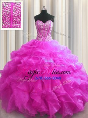 Visible Boning Fuchsia Sweetheart Lace Up Beading and Ruffles Vestidos de Quinceanera Sleeveless