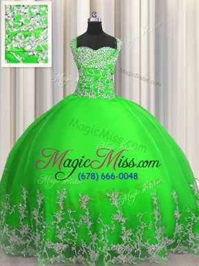 Green Quinceanera Gown Military Ball and Sweet 16 and Quinceanera and For with Beading and Appliques Straps Sleeveless Lace Up