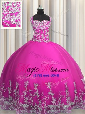 Floor Length Fuchsia Quince Ball Gowns Straps Sleeveless Lace Up