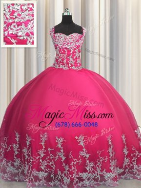 Pretty Hot Pink Straps Neckline Beading and Appliques Quinceanera Gowns Sleeveless Lace Up