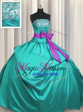 Fashionable Strapless Sleeveless Taffeta Ball Gown Prom Dress Beading and Ruching and Bowknot Lace Up