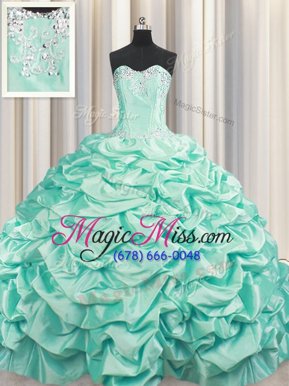 Vintage Brush Train Floor Length Lace Up Quince Ball Gowns Apple Green and In for Military Ball and Sweet 16 and Quinceanera with Beading and Pick Ups