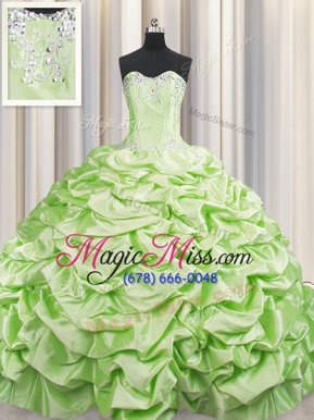 Elegant Brush Train Lace Up Sweet 16 Dress Yellow Green and In for Military Ball and Sweet 16 and Quinceanera with Beading and Pick Ups Sweep Train