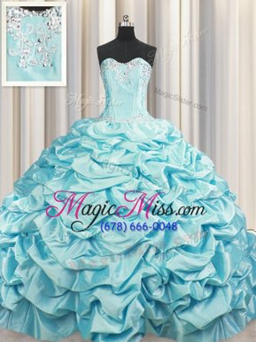 Hot Selling Brush Train Aqua Blue Taffeta Lace Up Ball Gown Prom Dress Sleeveless Sweep Train Beading and Pick Ups