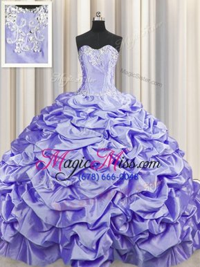 Edgy Brush Train Lavender Taffeta Lace Up Sweetheart Sleeveless Quinceanera Dress Sweep Train Beading and Pick Ups