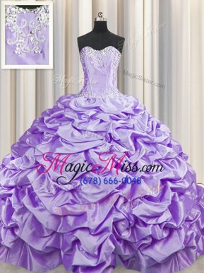 Brush Train Lavender Ball Gowns Beading and Pick Ups Quince Ball Gowns Lace Up Taffeta Sleeveless With Train